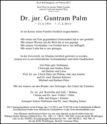 Traueranzeige von Guntram Palm von Waiblinger Kreiszeitung