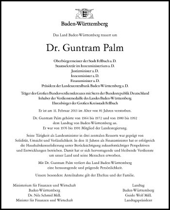 Traueranzeige von Guntram Palm von Waiblinger Kreiszeitung