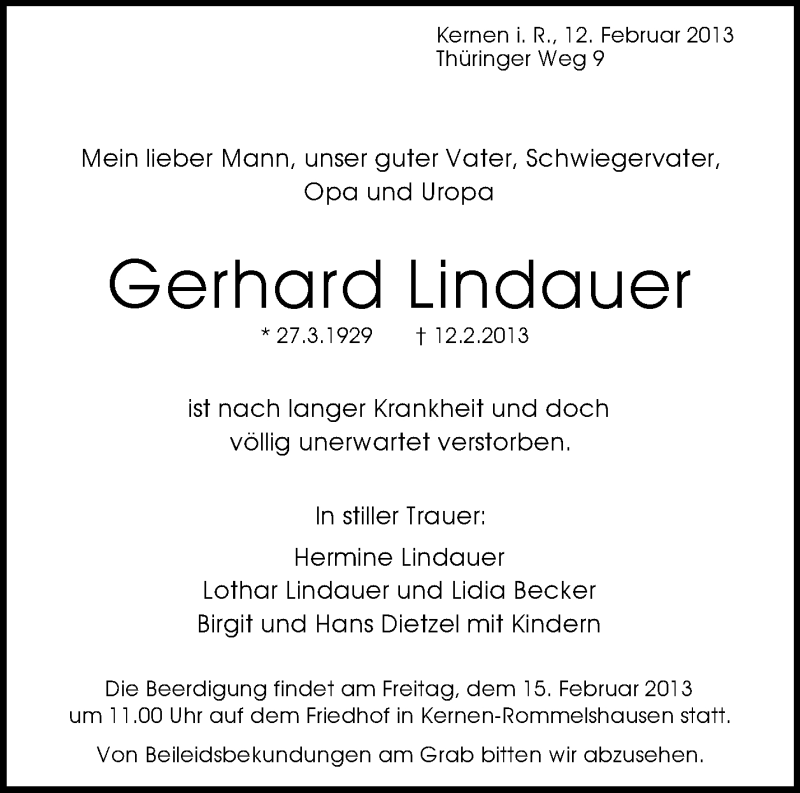 Traueranzeige für Gerhard Lindauer vom 14.02.2013 aus Waiblinger Kreiszeitung