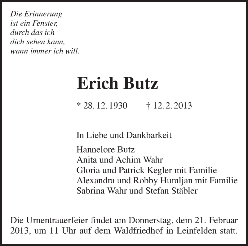  Traueranzeige für Erich Butz vom 16.02.2013 aus Waiblinger Kreiszeitung