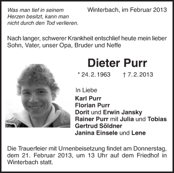 Traueranzeige von Dieter Purr von Waiblinger Kreiszeitung