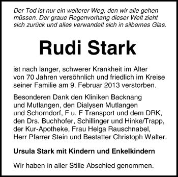 Traueranzeige von Rudi Stark von Waiblinger Kreiszeitung
