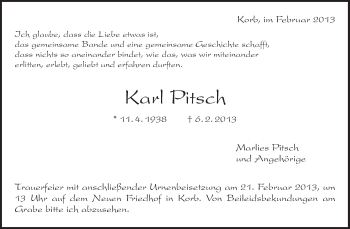 Traueranzeige von Karl Pitsch von Waiblinger Kreiszeitung