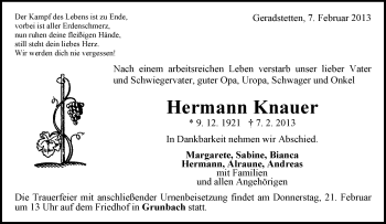 Traueranzeige von Hermann Knauer von Waiblinger Kreiszeitung
