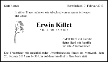 Traueranzeige von Erwin Killet von Waiblinger Kreiszeitung