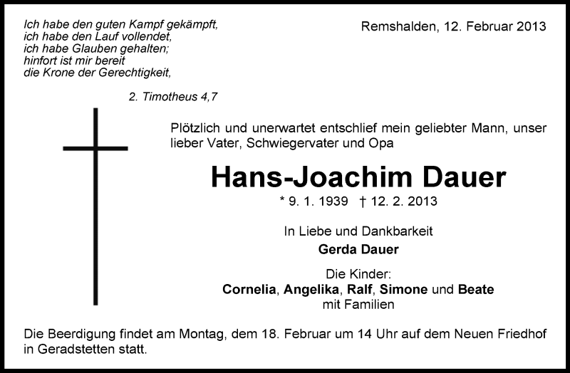  Traueranzeige für Hans-Joachim Dauer vom 15.02.2013 aus Waiblinger Kreiszeitung
