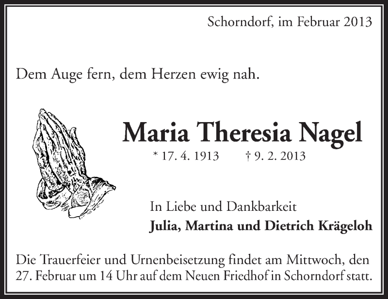  Traueranzeige für Maria Theresia Nagel vom 18.02.2013 aus Waiblinger Kreiszeitung