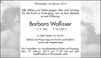 Traueranzeige von Barbara Wallisser von Waiblinger Kreiszeitung