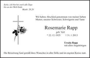 Traueranzeige von Rosemarie Rapp von Waiblinger Kreiszeitung