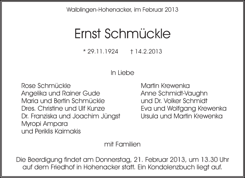  Traueranzeige für Ernst Schmückle vom 18.02.2013 aus Waiblinger Kreiszeitung