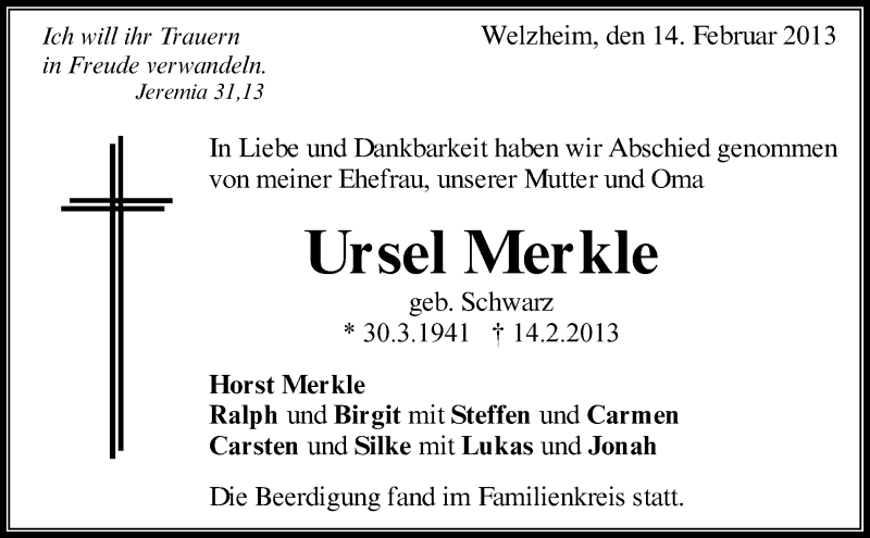  Traueranzeige für Ursel Merkle vom 20.02.2013 aus Waiblinger Kreiszeitung