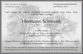 Traueranzeige von Hermann Schwenk von Waiblinger Kreiszeitung