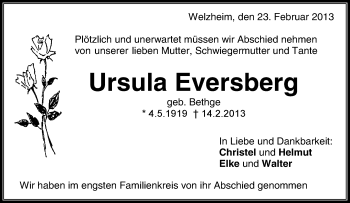 Traueranzeige von Ursula Eversberg von Waiblinger Kreiszeitung