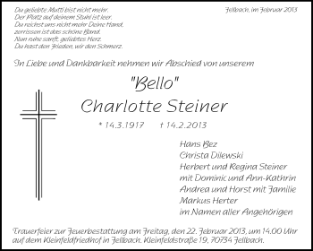 Traueranzeige von Charlotte Steiner von Waiblinger Kreiszeitung
