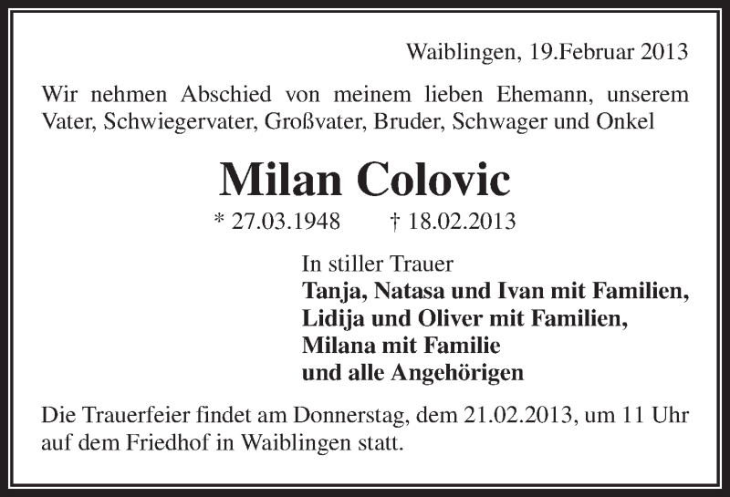  Traueranzeige für Milan Colovic vom 19.02.2013 aus Waiblinger Kreiszeitung
