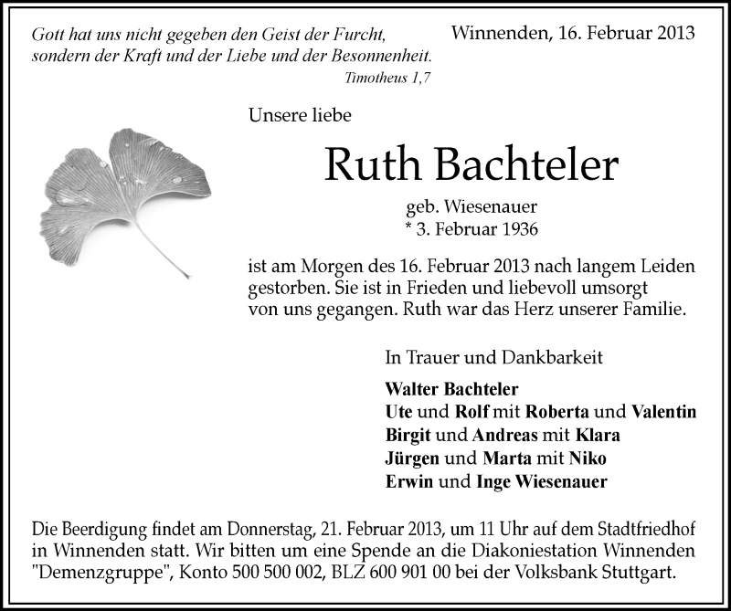  Traueranzeige für Ruth Bachteler vom 19.02.2013 aus Waiblinger Kreiszeitung
