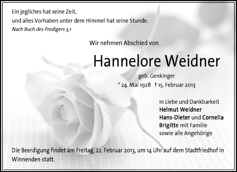  Traueranzeige für Hannelore Weidner vom 19.02.2013 aus Waiblinger Kreiszeitung