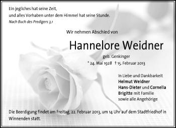 Traueranzeige von Hannelore Weidner von Waiblinger Kreiszeitung