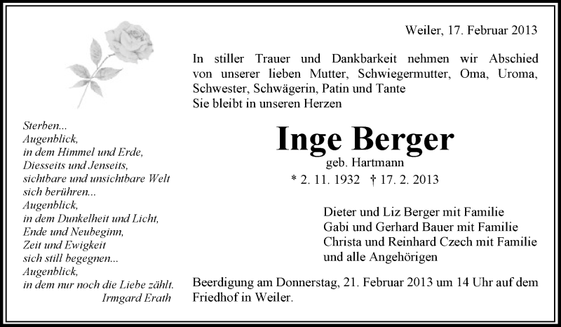  Traueranzeige für Inge Berger vom 19.02.2013 aus Waiblinger Kreiszeitung