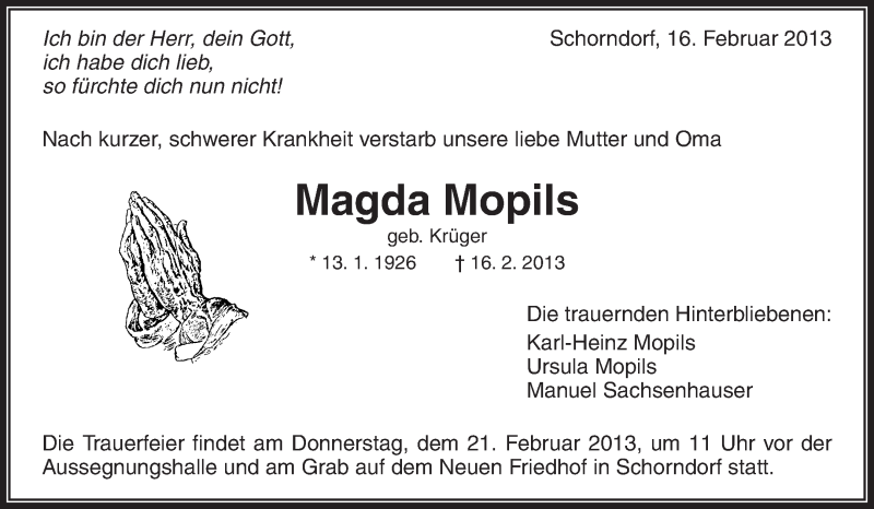  Traueranzeige für Magda Mopils vom 20.02.2013 aus Waiblinger Kreiszeitung