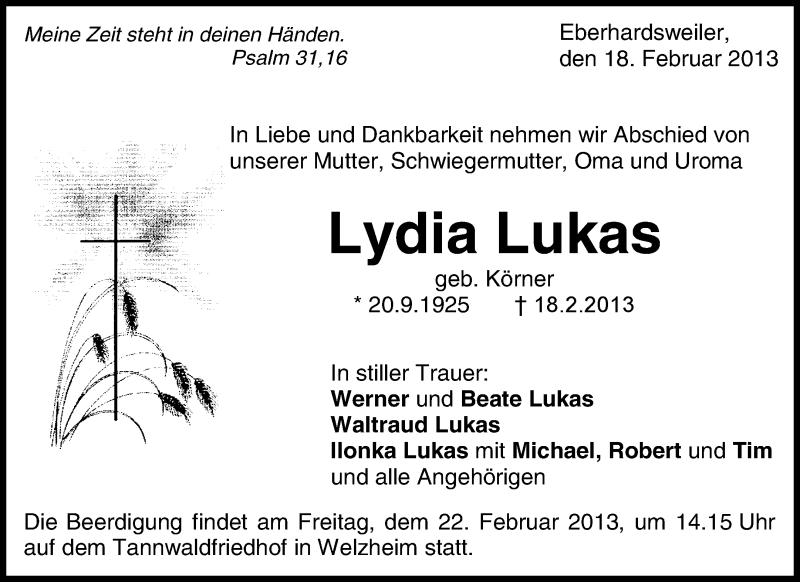  Traueranzeige für Lydia Lukas vom 20.02.2013 aus Waiblinger Kreiszeitung