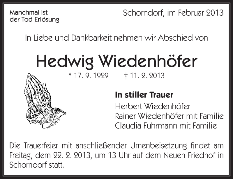  Traueranzeige für Hedwig Wiedenhöfer vom 20.02.2013 aus Waiblinger Kreiszeitung