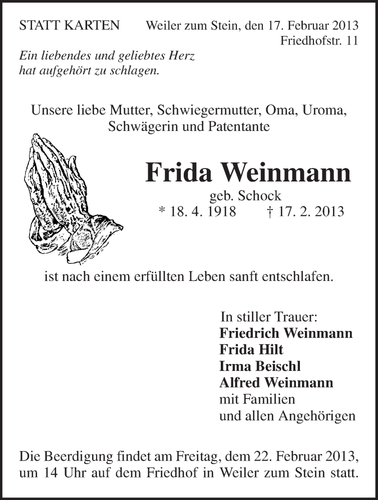  Traueranzeige für Frida Weinmann vom 20.02.2013 aus Waiblinger Kreiszeitung