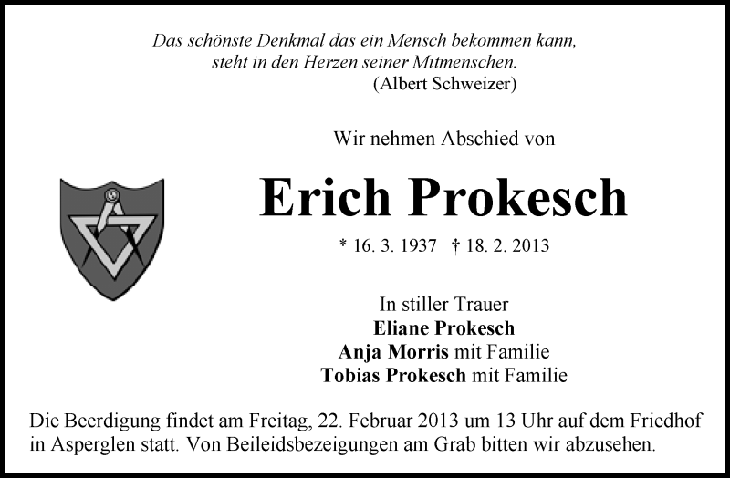  Traueranzeige für Erich Prokesch vom 20.02.2013 aus Waiblinger Kreiszeitung