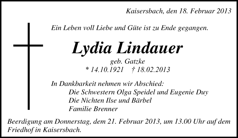  Traueranzeige für Lydia Lindauer vom 20.02.2013 aus Waiblinger Kreiszeitung