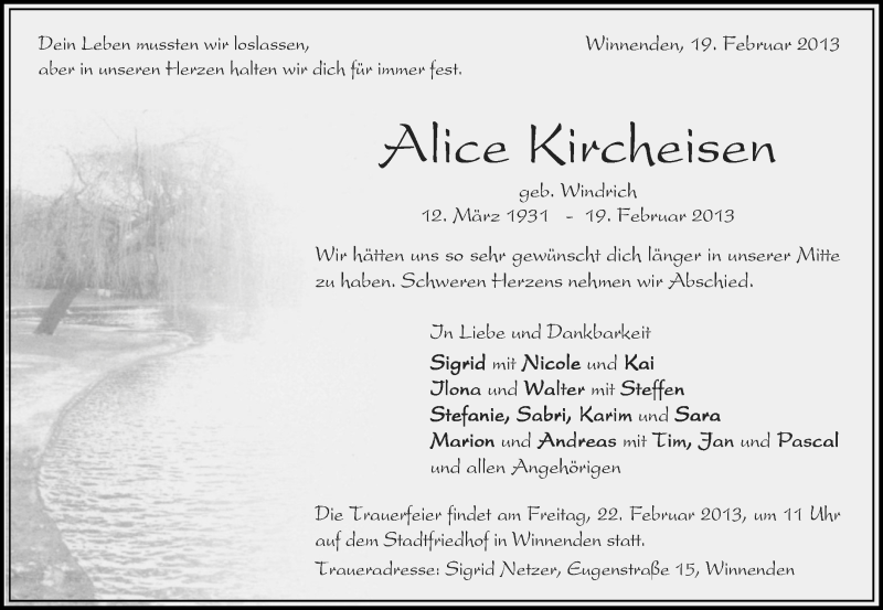 Traueranzeige für Alice Kircheisen vom 20.02.2013 aus Waiblinger Kreiszeitung