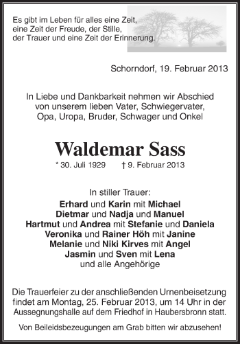 Traueranzeige von Waldemar Sass von Waiblinger Kreiszeitung