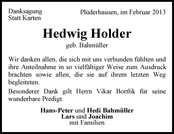 Traueranzeige von Hedwig Holder von Waiblinger Kreiszeitung
