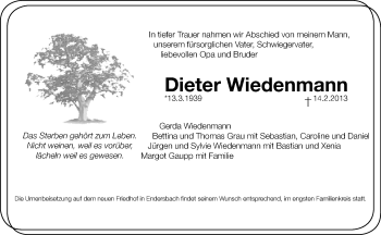 Traueranzeige von Dieter Wiedenmann von Waiblinger Kreiszeitung