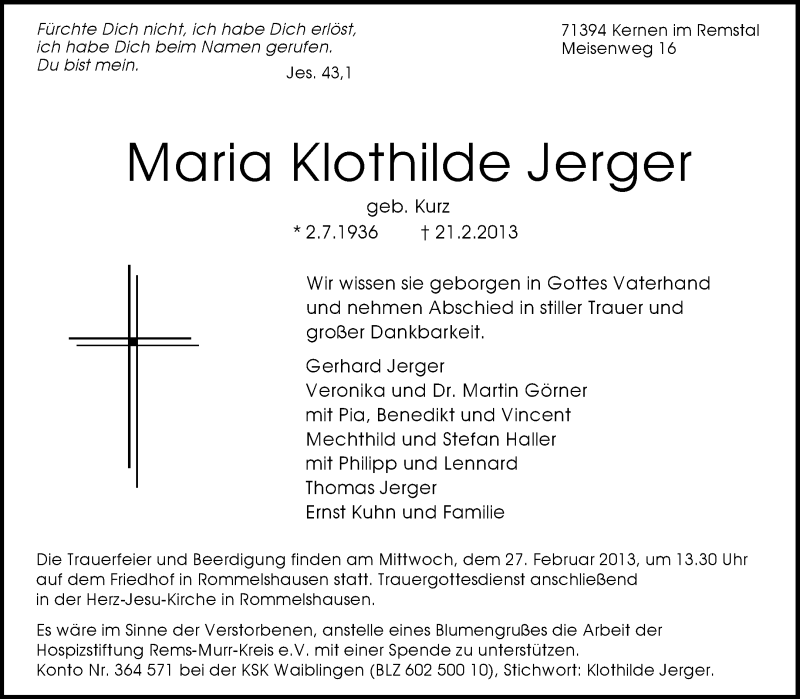  Traueranzeige für Maria Klothilde Jerger vom 25.02.2013 aus Waiblinger Kreiszeitung