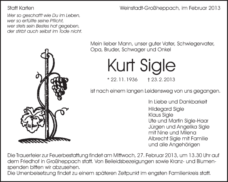  Traueranzeige für Kurt Sigle vom 25.02.2013 aus Waiblinger Kreiszeitung