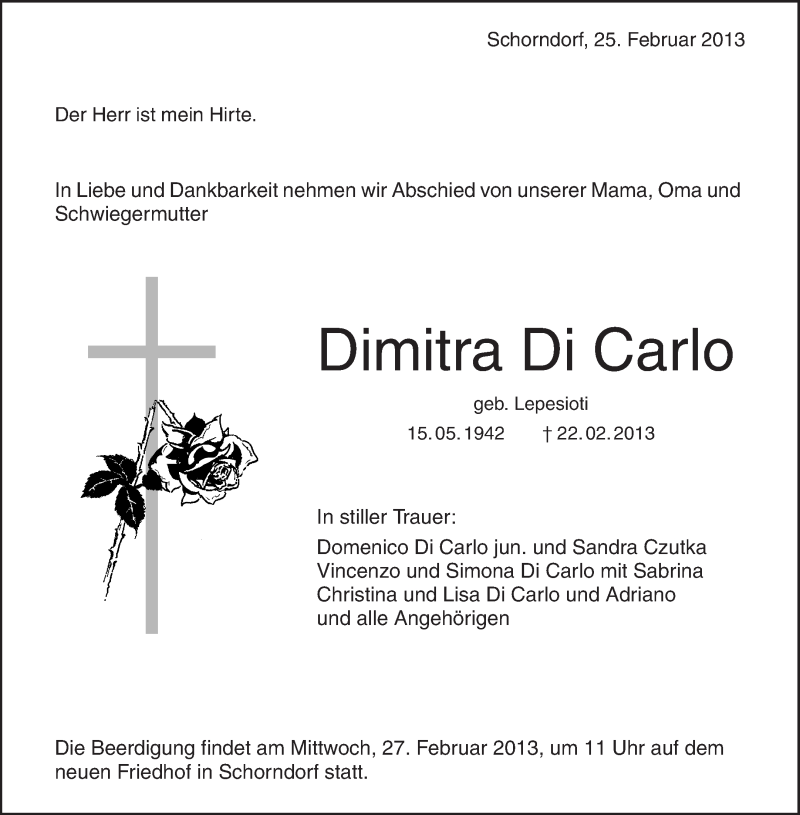  Traueranzeige für Dimitra Di Carlo vom 25.02.2013 aus Waiblinger Kreiszeitung