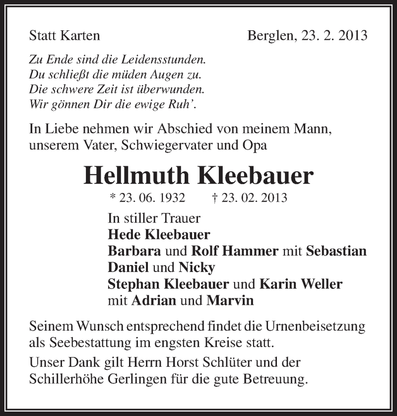  Traueranzeige für Hellmuth Kleebauer vom 26.02.2013 aus Waiblinger Kreiszeitung