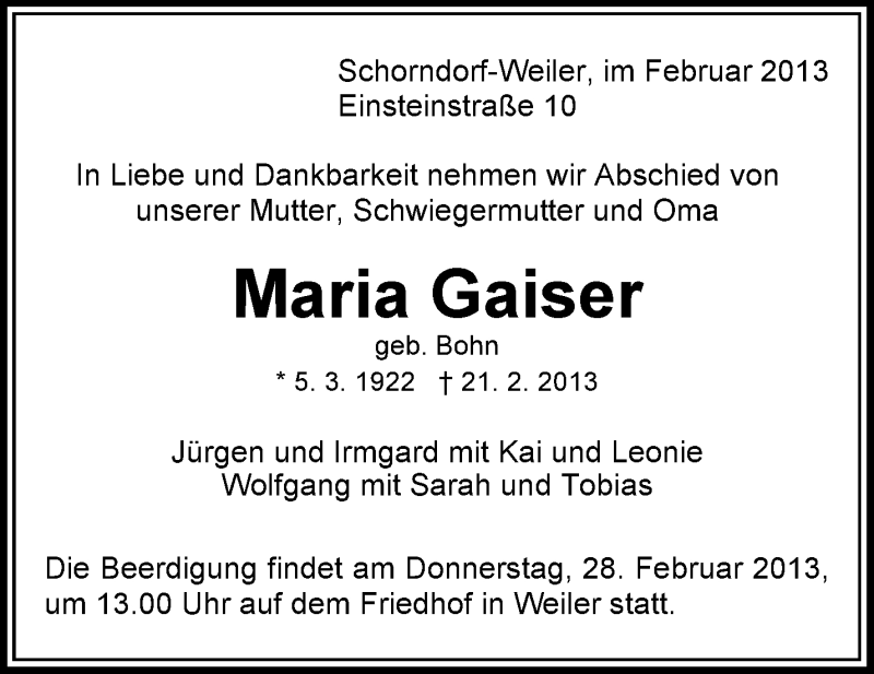  Traueranzeige für Maria Gaiser vom 26.02.2013 aus Waiblinger Kreiszeitung