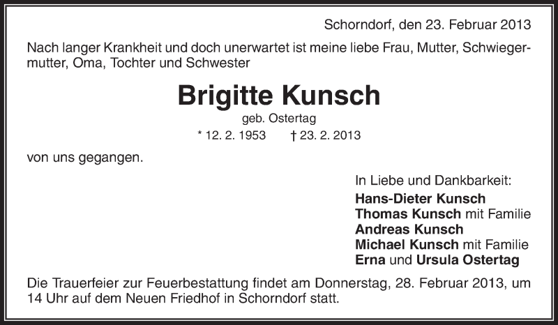  Traueranzeige für Brigitte Kunsch vom 26.02.2013 aus Waiblinger Kreiszeitung