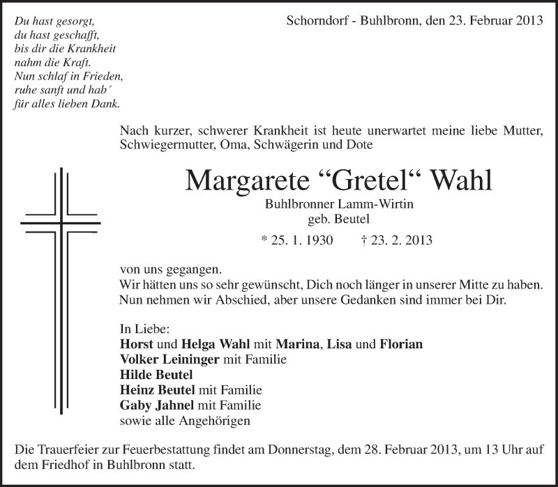  Traueranzeige für Margarete Wahl vom 26.02.2013 aus Waiblinger Kreiszeitung
