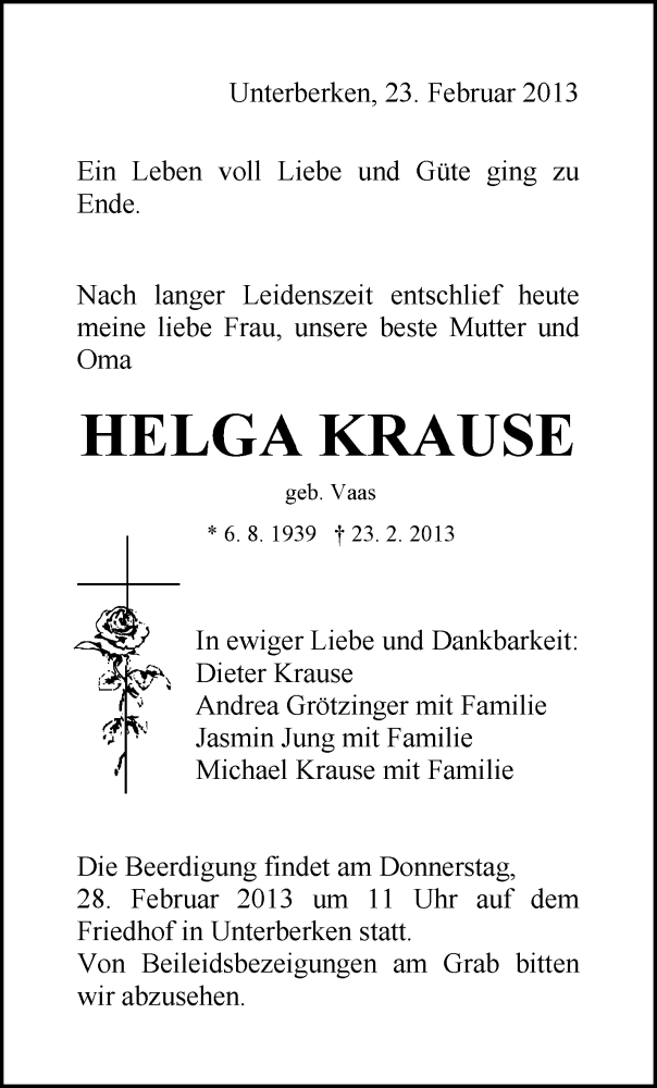  Traueranzeige für Helga Krause vom 26.02.2013 aus Waiblinger Kreiszeitung