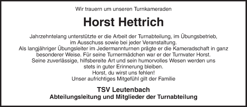  Traueranzeige für Horst Hettrich vom 27.02.2013 aus Waiblinger Kreiszeitung