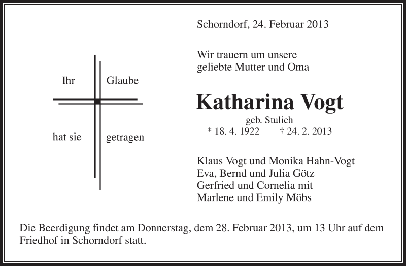  Traueranzeige für Katharina Vogt vom 26.02.2013 aus Waiblinger Kreiszeitung