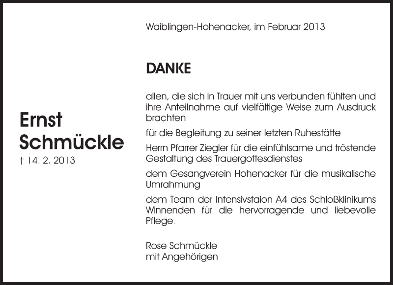  Traueranzeige für Ernst Schmückle vom 27.02.2013 aus Waiblinger Kreiszeitung