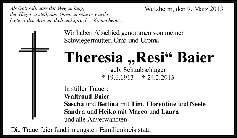  Traueranzeige für Theresia Baier vom 09.03.2013 aus Waiblinger Kreiszeitung