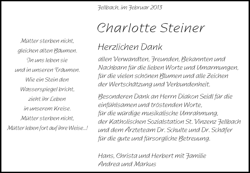  Traueranzeige für Charlotte Steiner vom 01.03.2013 aus Waiblinger Kreiszeitung