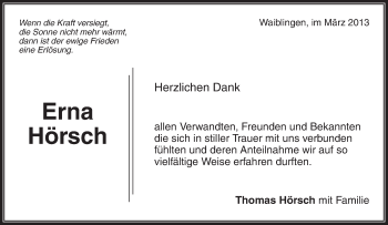 Traueranzeige von Erna Hörsch von Waiblinger Kreiszeitung