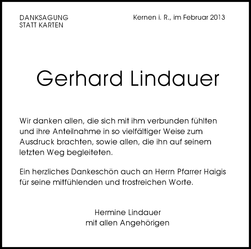  Traueranzeige für Gerhard Lindauer vom 01.03.2013 aus Waiblinger Kreiszeitung