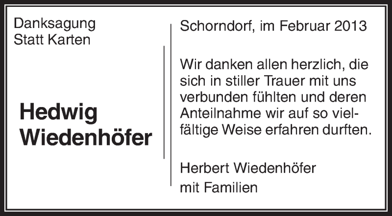  Traueranzeige für Hedwig Wiedenhöfer vom 01.03.2013 aus Waiblinger Kreiszeitung