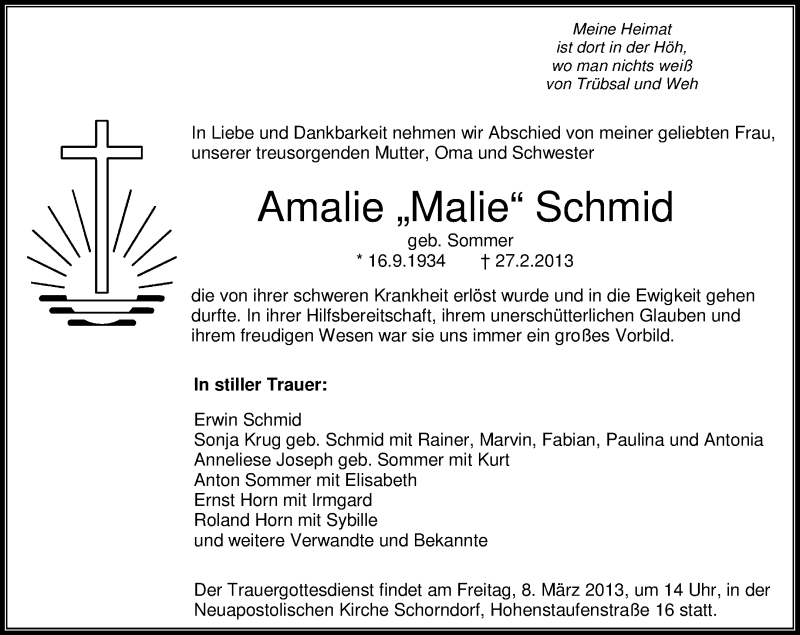  Traueranzeige für Amalie Schmid vom 04.03.2013 aus Waiblinger Kreiszeitung